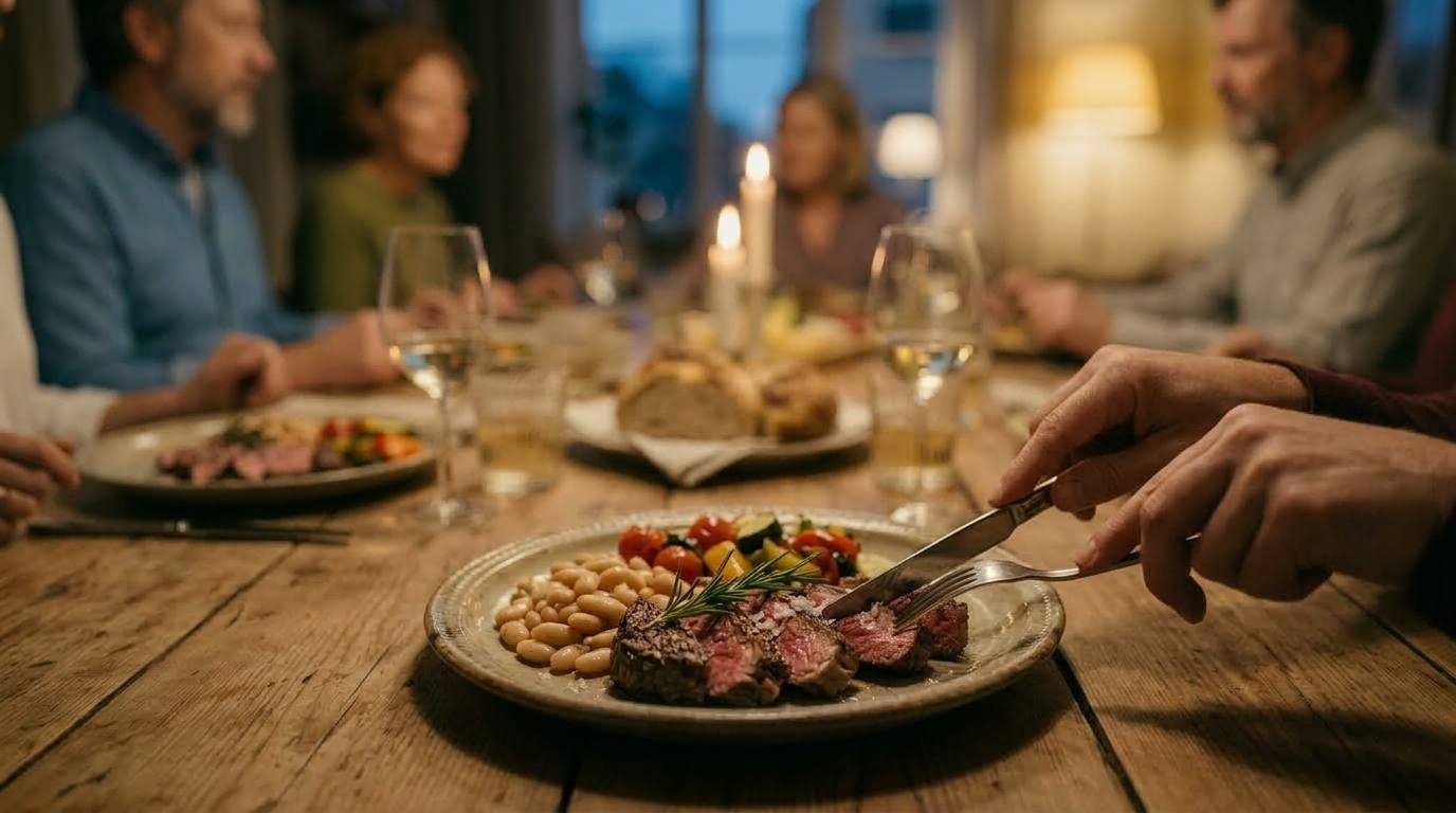 En tallrik med uppskuret kött, bönor och grönsaker, med middagssällskapet i bakgrunden.